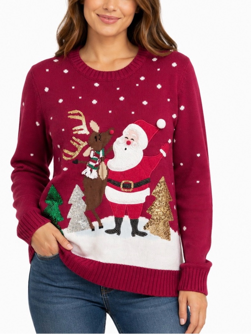 Karen Scott Ugly Christmas Sweater M Santa Reindeer Sequin Trees Holiday Knit